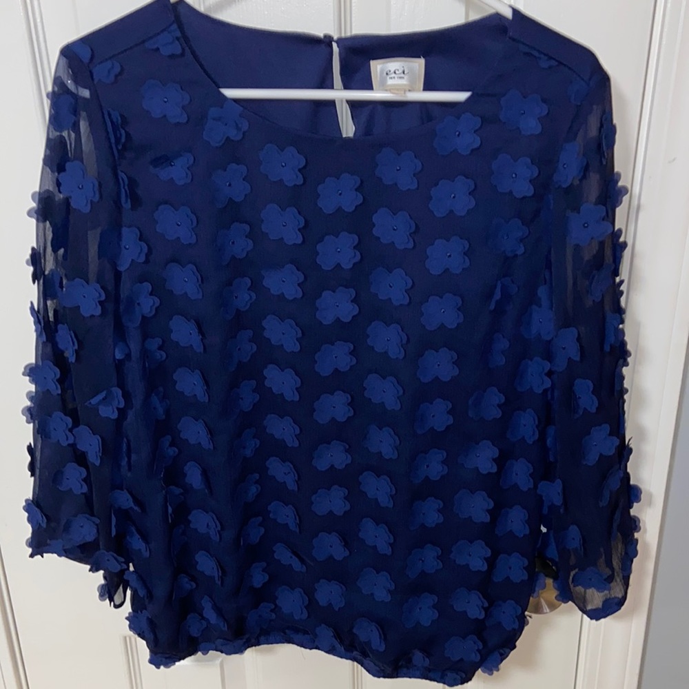 Long sleeve navy blue blouse with floral appliqué (L)